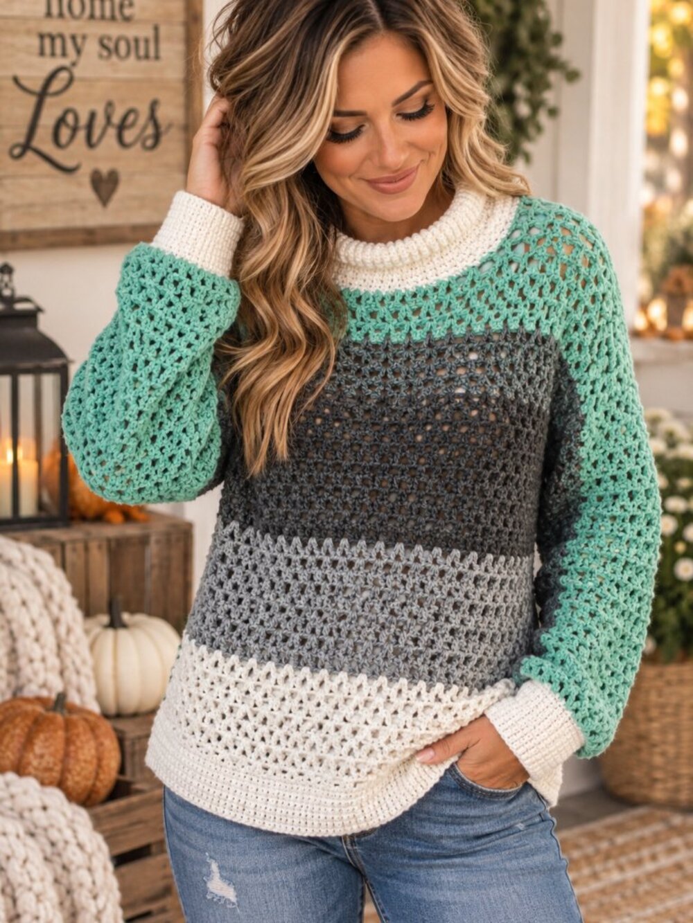 Womenโs Mint Gray White Crochet Open Knit Cowl Neck Colorblock Sweater